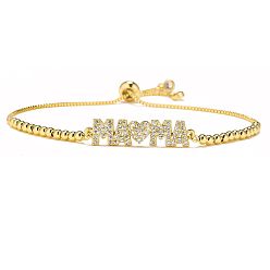 Золотой Браслеты-слайдеры ко дню матери из латуни с микропаве из прозрачного кубического циркония, браслеты для женщин, слово мама и сердце, золотые, 5-7/8~11-3/4 дюйм (15~30 см)