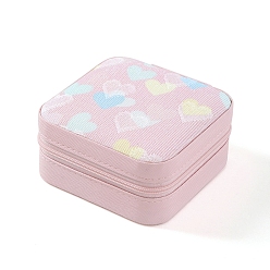 Misty Rose Heart Printed PU Imitation Leather Jewelry Storage Zipper Boxes, for Necklaces Bracelets Earrings Rings, Square, Misty Rose, 10x10x5cm