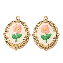 Saumon Clair 304 Acier inoxydable avec pendentifs en tissu, placage ionique (ip), ovale avec breloques fleurs, réel 18 k plaqué or, saumon clair, 40x30x4.5mm, Trou: 2.5mm