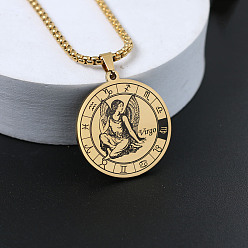 Дева Плоские круглые с созвездием 201 ожерелья из нержавеющей стали с подвеской, золотые, Дева, 23.62 дюйм (60 см)