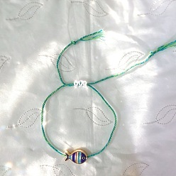 Light Sea Green Ocean Alloy Enamel Fish Beads Adjustable Braided Cotton Cord Bracelets for Women, Golden, Light Sea Green, 5.91 inch(15cm)~12.60 inch(32cm)