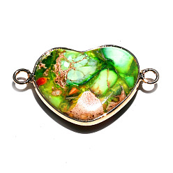 Лайм Окрашенные натуральные императорские яшмы звенья соединительные подвески, сердечные ссылки, платина, желто-зеленые, 33x21 мм