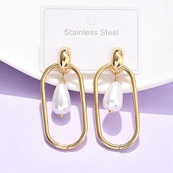 Золотой Прямоугольник 304 стали мотаться серьги стержня из нержавеющей, с абс пластмассовой имитационной жемчужиной, ионное покрытие (ip), золотые, 53x22.5 мм