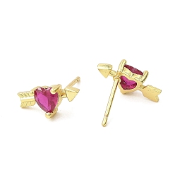Mixed Color Heart with Arrow Real 18K Gold Plated Brass Stud Earrings, with Clear Cubic Zirconia, Long-Lasting Plated, Lead Free & Cadmium Free, Mixed Color, 6x13mm