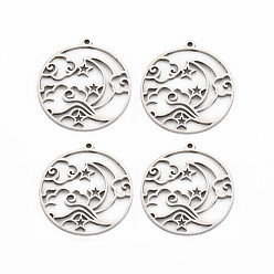 Stainless Steel Color 201 Stainless Steel Pendants, Ring with Star & Moon, Stainless Steel Color, 30x28x1.5mm, Hole: 1.5mm