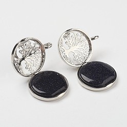 Синий Драгоценный Камень Синтетический синий авантюрин подвески, С выводами медальона из медных рассеивателей, плоские круглые с деревом, 31x26x8 мм, отверстие : 4 мм