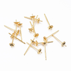 Real 24K Gold Plated 304 Stainless Steel Post Stud Earring Settings For Half Drilled Bead, Real 24K Gold Plated, 13.5x4mm, Tray: 3.5mm, Pin: 0.8mm