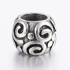 Античное Серебро 304 из нержавеющей стали европейские шарики, бусины с большим отверстием, бочка с вихрем, античное серебро, 9.5x7.5 мм, отверстие : 5 мм