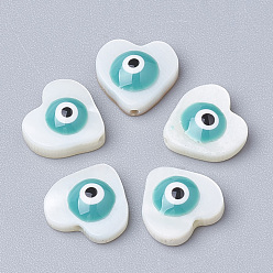 Cadet Blue Natural Freshwater Shell Beads, Heart with Evil Eye, Cadet Blue, 9.5x10x3.5mm, Hole: 1mm
