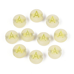 Letter A Светящиеся матовые акриловые бусины, гальваническим, плоские круглые с буквы, светится в темноте, буква a, 10x5 мм, отверстие : 2 мм, Около 1390 шт / 500 г