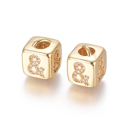 Golden Brass Micro Pave Cubic Zirconia Beads, Long-Lasting Plated, Cube with Mark Pattern, Golden, Clear, Golden, 10x8x8.5mm, Hole: 1.5x3.5mm and 4mm