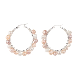 Морская Ракушка Женские серьги-кольца из бисера с натуральным жемчугом, серебряные, цвет морской раковины, 42x45x8 мм, штифты : 0.8 мм