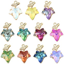 Mixed Color 11Pcs 11 Colors Brass with K9 Glass Charms, Golden Maple Leaf Charms, Faceted, Mixed Color, 20.5x13.5x5.5mm, Hole: 1.8mm, 1pc/color