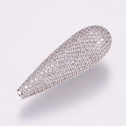 Platinum Brass Micro Pave Cubic Zirconia Beads, teardrop, Platinum, 37x12mm, Hole: 0.5mm