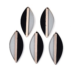 Черный Прозрачные подвески из смолы и дерева, лист, два тона, чёрные, 52.2~52.7x21.5~22x3.4 мм, отверстие : 2 мм