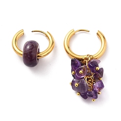 Аметист Асимметричные серьги из бусин из натурального аметиста, серьга, с золотыми 304 запорными кольцами из нержавеющей стали и латунными штифтами с шаровой головкой, 25~52.5 мм, штифты : 1 мм