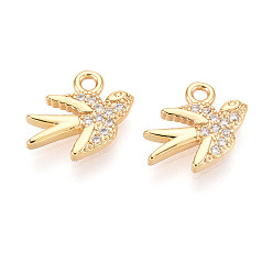 Настоящее золото 18K Латунные микропаве прозрачные подвески с фианитом, амулеты птиц, без никеля , реальный 18 k позолоченный, 11x12.5x1.8 мм, отверстие : 1.4 мм