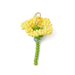 Желтый Подвески-цветы из стеклянных бус, с открытыми пружинными кольцами из нержавеющей стали 304, реальный 18 k позолоченный, желтые, 30x20.5x16.5 мм, отверстие : 3 мм