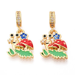 Настоящее золото 18K Латунное микропейв с кубическим цирконием европейские подвески с подвесками, с эмалью, улитка, Подвески с большими отверстиями, без кадмия и без свинца, реальный 18 k позолоченный, 25.5~26 мм, отверстие : 4.5 мм