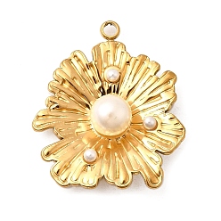 Настоящее золото 18K 304 подвески из нержавеющей стали, цветочный шарм, с абс пластмассовой имитационной жемчужиной, ионное покрытие (ip), реальный 18 k позолоченный, 33.5x28.5x8.5 мм, отверстие : 2.5 мм