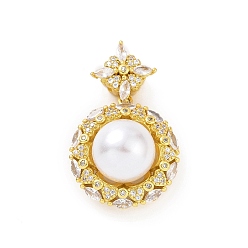 Real 18K Gold Plated Eco-friendly Rack Plating Brass Micro Pave Cubic Zirconia Pendants, with ABS Platic Imitation Pearls, Cadmium Free & Lead Free, Long-Lasting Plated, Flower Charm, Real 18K Gold Plated, 32.5x20x13mm, Hole: 2.5x5mm