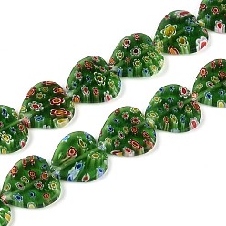 Зеленый Ручной работы тысячецветник стеклянные бусины нитки, сердце, зелёные, 17~18x17.5x4~4.5 мм, отверстие : 0.8 мм, около 21~22 шт / нитка, 13.78~14.37'' (35~36.5 см)