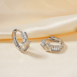 Серебро Элегантные серьги-кольца из латуни с прозрачным кубическим цирконием в форме звезды, серебряные, 17x8 мм