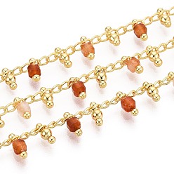 Red Agate Латунь бордюр цепи, с естественным красные бусы агат, пайки, с катушкой, долговечный, золотые, пайки, кубические, 5~6x2~2.5x2~2.5 мм