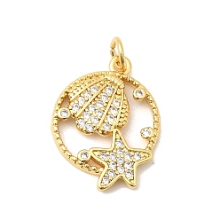 Shell Shape Латунные микро проложить кубического циркония подвески, плоские круглые прелести, долговечный, без кадмия и без свинца, с целью перехода в кольце, золотые, формы раковины, 21x16x2.5 мм, отверстие : 3 мм