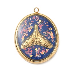 Фиолетовый 304 подвески из нержавеющей стали, эпоксидной смолы, с натуральными ракушками и пайетками внутри, овал с подвесками в виде китового хвоста, реальный 18 k позолоченный, вакуумное покрытие pvd, фиолетовые, 25x18x3 мм, отверстие : 1.5 мм