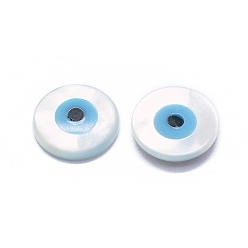 White Shell Cabochons, with Synthetic Turquoise, Half Round with Evil Eye, White, 5x2mm