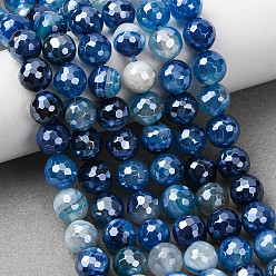 Синий Натуральные полосатые агатовые бусы, круглые, граненые, гальваническое покрытие, синие, 8 мм, отверстие : 1.2 мм, около 48 шт / нитка, 15.04'' (38.2 см)
