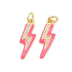 Светло-Вишневый Латунные микропаве прозрачные подвески с фианитом, с эмалью и прыжковым кольцом, долговечный, удар молнии, реальный 18 k позолоченный, светло-вишневый, 19x5.5x2 мм, отверстие : 3.6 мм