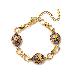 Золотой 304 браслеты из нержавеющей стали с эмалированными звеньями для женщин, цветок, цветок и овал, слива, золотые, 7.09 дюйм (18 см)