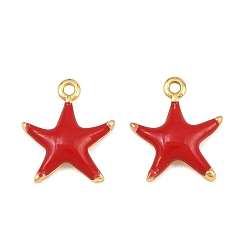 Red Brass Enamel Pendants, Starfish Charms, Rack Plating, Long-Lasting Plated, Lead Free & Cadmium Free, Real 18K Gold Plated, Red, 11x9x2mm, Hole: 0.9mm