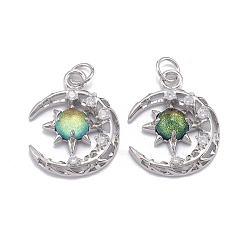 Mixed Color Brass Micro Pave Clear Cubic Zirconia Glass Pendants, with Jump Ring, Long-Lasting Plated, Moon, Cadmium Free & Lead Free, Real Platinum Plated, Mixed Color, 21x16.5x4.5mm, Jump Ring: 5x0.8mm, 3.5mm Inner Diameter