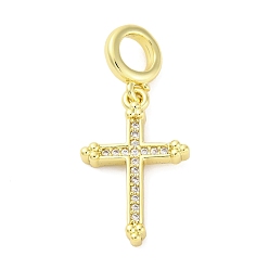Настоящее золото 16K Латунное микропейв с кубическим цирконием европейские подвески с подвесками, крестик, Подвески с большими отверстиями, без кадмия и без свинца, реальный 16 k позолоченный, 27.5 мм, отверстие : 4.2 мм