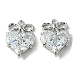 Платинированный Латунные подвески, со стеклом, сердце с подвесками из бантика, Реальная платина, 16.5x12x4 мм, отверстие : 1.2 мм