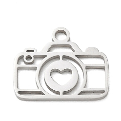 Couleur Acier Inoxydable Pendentifs en acier inoxydable, appareil photo avec breloques en forme de cœur, découper, couleur inox, 304mm, Trou: 16x20x1.3mm