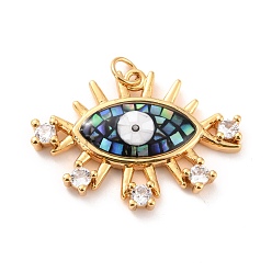 Prussian Blue Natural Shell Pendants, with Clear Cubic Zirconia and Golden Brass Findings, Long-Lasting Plated, Eye, Prussian Blue, 21x29.5x3.5mm, Jump Ring: 5x1mm, 3.5mm Inner Diameter