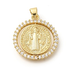 Настоящее золото 18K Покрытие стойки латунь с подвесками из фианита, долговечный, без свинца и без кадмия, религиозные узоры амулеты, реальный 18 k позолоченный, 22x21x2.5 мм, отверстие : 4x3.5 мм