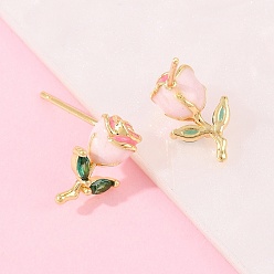 Pink Серьги-гвоздики из латуни с микропаве и прозрачными кубическими циркониями в форме цветка ко Дню святого Валентина, с эмалью, долговечный, без свинца и без кадмия, реальный 18 k позолоченный, розовые, 13x8.5 мм