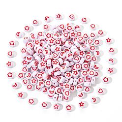 FireBrick White Opaque Acrylic Beads, Flat Round with Heart & Flower & Moon & Star, FireBrick, 7x4mm, Hole: 1.6mm, 200pcs/set