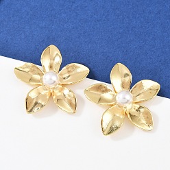 Настоящее золото 18K Серьги-гвоздики в виде цветка из латуни, с абс пластмассовой имитационной жемчужиной, стойки покрытие, долговечный, без кадмия и без свинца, реальный 18 k позолоченный, 30.5x32 мм