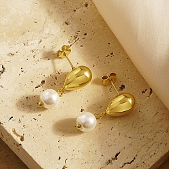 Real 18K Gold Plated 304 Stainless Steel Stud Earrings for Women, Teardrop, Imitation Pearl Dangle Earrings, Real 18K Gold Plated, 27x8mm