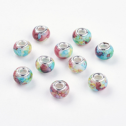 Colorful Glass European Beads, Large Hole Beads, with Brass Cores, Rondelle, Colorful, 14~15x10~11mm, Hole: 5mm