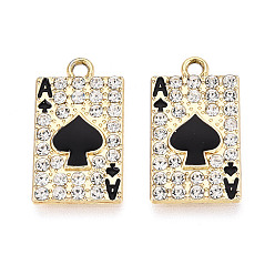 Золотой Подвески из сплава с кристаллами и стразами, с черной эмалью, прелести игральных карт, золотые, 22.5x12.5x2 мм, отверстие : 1.5 мм