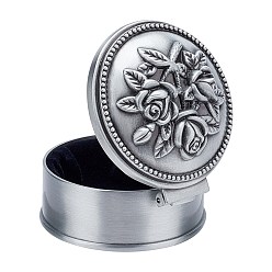 Antik Silber Farbe Schmuckschatulle aus Aluminiumlegierung, Runde mit Blume, Antik Silber Farbe, 5.9x5.7x3.7 cm