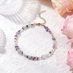 Флюорит Браслеты на ногу из натурального флюорита и стеклянных бусин, с 304 удлинителями цепи из нержавеющей стали, золотые, 9-1/8~9-1/4 дюйм (233~236 мм)