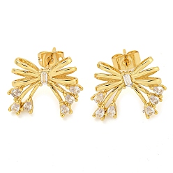 Golden Bowknot Brass Micro Pave Cubic Zirconia Stud Earrings for Women, Golden, 15x18mm
